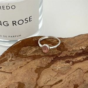 925 silver adjustable ring with pink strawberry quartz and hammered metal texture