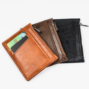 Slim faux leather zipper card holder with multiple slots in brown and black colors