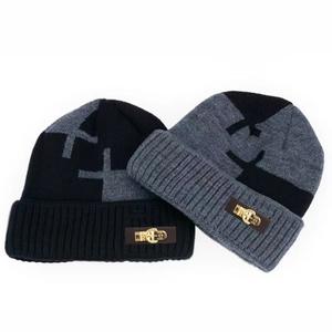 Winter knit beanie set with cross texture pattern and warm fleece lining for men