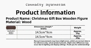 Detailed specification table for wooden Christmas Santa ornaments with dimensions and weight.
