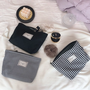 Canvas Cosmetic Bag Cotton Clutch Pouch Zipper Makeup Organizer Travel Toiletry Handbag Plaid Pattern City Casual Women