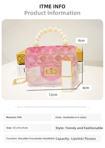 Detailed macro of pink jelly mini bag with pearl handle and golden chain showing size scale