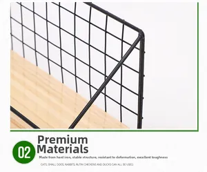 Detail of sturdy black iron mesh and light wood shelf with stable metal structure