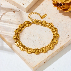 Titanium Steel Double Layer Bracelet For Women Gold Plated Coffee Bean And Cuban Link Punk Hip Hop Minimalist Fashion Jewelry
