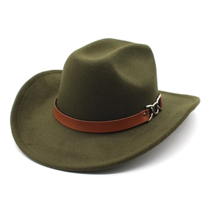 Detailed close-up of olive green wool felt cowboy hat with brown leather band and chain