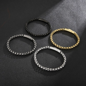 Men's titanium steel square box chain bracelets in black, gold, and silver finishes