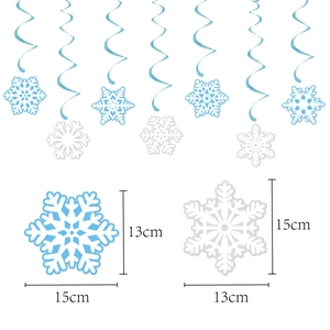 Close-up of blue and silver snowflake hanging swirls with 13cm and 15cm size markers