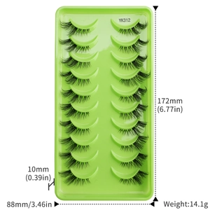 Detailed dimensions of 10 pairs natural thick false eyelashes set on green plastic tray