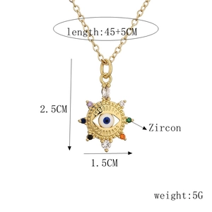 Detail view of evil eye necklace dimensions and weight with multicolor zircon inlay