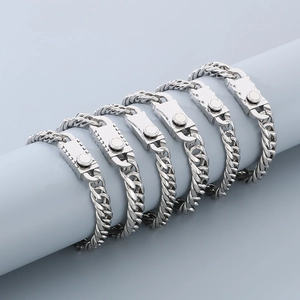 Polished silver stainless steel cuban chain bracelets set for men in minimalist style