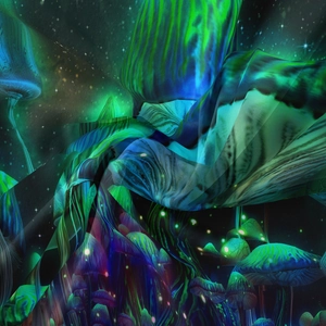 Detail showing the psychedelic mushroom print on soft fabric with vibrant galaxy neon colors