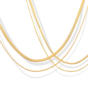 Minimalist double layer gold plated herringbone snake chain necklace for women on white background