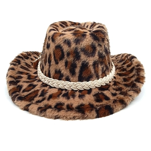 Detail of plush leopard print western cowboy hat with white braided rope decoration