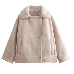 Women Faux Suede Shearling Jacket Loose Warm Winter Coat Lapel Button Outerwear With Pockets