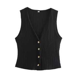 Detail of black V-neck vest with textured fabric and four wood-grain buttons in size S