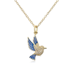 Gold plated love bird pendant necklace with blue enamel wings and sparkling zircon