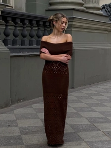 Elegant dark brown off-shoulder knitted maxi dress with hollow geometric patterns