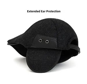 Detail view of thickened wool newsboy cap featuring ear protection and leather strap