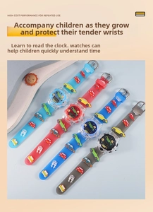 Waterproof digital kids watch with colorful cartoon car strap in four vibrant colors