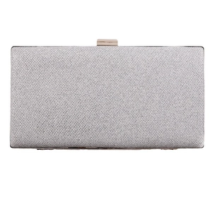 Elegant silver glitter rectangle evening clutch bag with metallic top clasp and chain strap