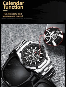 Detail of silver stainless steel octagonal watch case with luminous dial and calendar