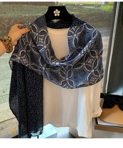 Detail of dark blue linen scarf with white polka dot and geometric floral prints