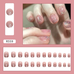 Pink gradient press-on nails with sparkling sequins and chrome powder finish, 24 pieces