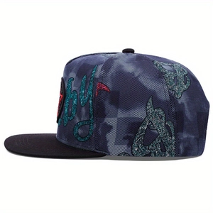 Detailed side view of street style snapback with mesh texture and star embroidery