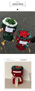 Detail of Christmas rose bouquets in green and red knit wraps with holiday cards