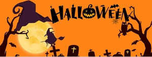 Detailed Halloween background with silhouettes of witch, bats, and a full moon design