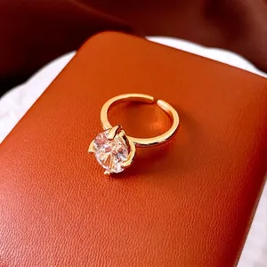 Luxurious Real Gold Plated Oval Zirconia Open Ring For Women Elegant Copper Adjustable Geometric Fashion Jewelry Finger Ring