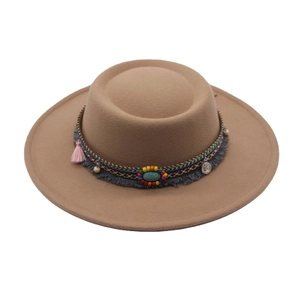 Bohemian Fedora Hat Flat Top Wide Brim Felt Wool Blend With Turquoise Tassel Ethnic Style For Women Vintage
