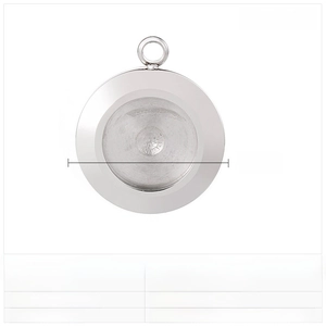 Macro detail of 19mm round stainless steel pendant base showing dimensions and weight