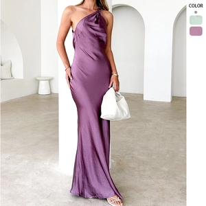 Satin Maxi Dress Asymmetric Shoulder Backless Slim Fit Elegant Sexy Evening Party Cocktail Formal Long Gown For Women