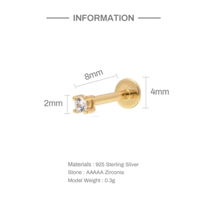 Detailed sizing of 925 sterling silver earring with 8mm post and 2mm cubic zirconia stud