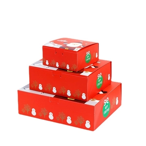 Set of three red Christmas gift boxes with Santa and Snowman prints and handles