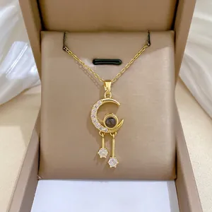 Crescent Moon Pendant Necklace Stainless Steel Chain Copper Micro Inlaid Zirconia Projection Stone Tassel Elegant