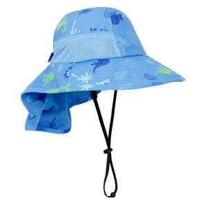 Detail of blue dinosaur sun hat featuring breathable mesh, neck flap, and adjustable cord