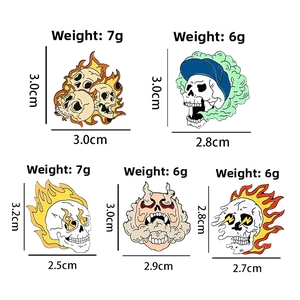Detailed view of punk goth enamel skull pins with size and weight specifications