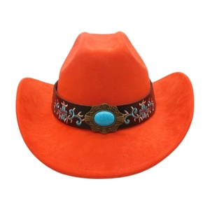 Classic bright orange cowboy hat with ethnic floral embroidery and turquoise gemstone buckle