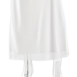 Detailed view of the layered white mesh hemline on this slim fit bodycon dress