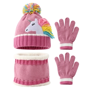 Kids Unicorn Knitted Hat Scarf And Gloves Winter Warm Acrylic Fleece Lined Pom Pom For Girls