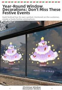 Gros plan de stickers de Noël violets avec texte Merry Christmas sur vitrine en verre