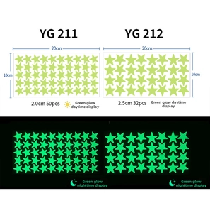 Luminous star wall stickers showing day and night glow effect in green fluorescent PVC