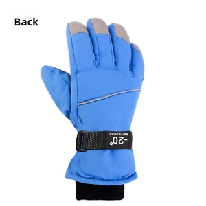 Detail of waterproof blue ski gloves featuring minus 20 degree thermal lining and strap