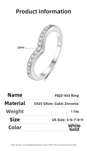 Detailed view of S925 sterling silver V-shaped ring with 2mm cubic zirconia pavé stones