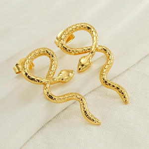 Pair of 18K gold plated stainless steel snake earrings with detailed scale textures