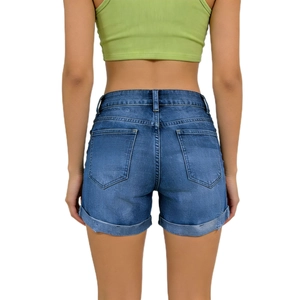 Detail view of the back of slim fit denim shorts with pockets and cuffed hem details