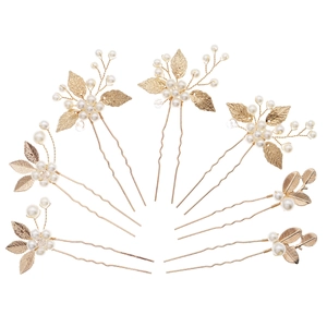 7-piece gold leaf hair pins set with white pearls in fan-shaped arrangement