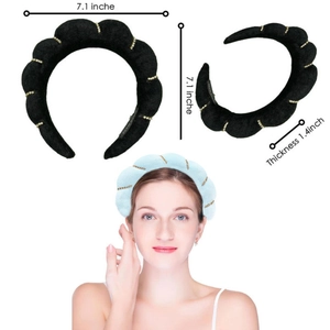 Puffy headband with gold chain detail, showing size 7.1 inch and lifestyle model view